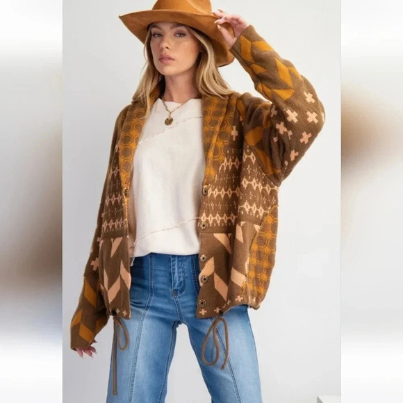 New Easel Ethnic Printed Knit Sweater Cardigan L - Picture 3 of 6